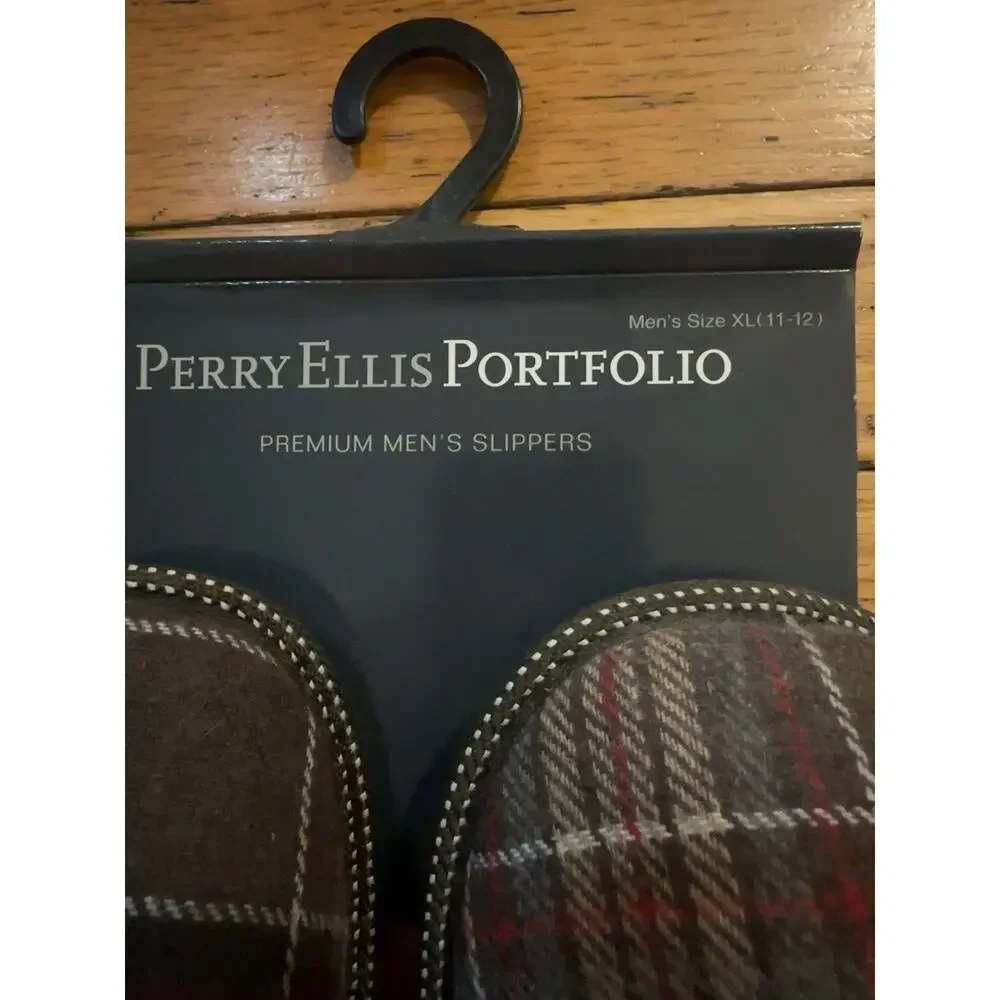 Perry Ellis Portfolio Mens XL 11-12 Plaid Open Toe Slipper Brown Memory Foam NWT